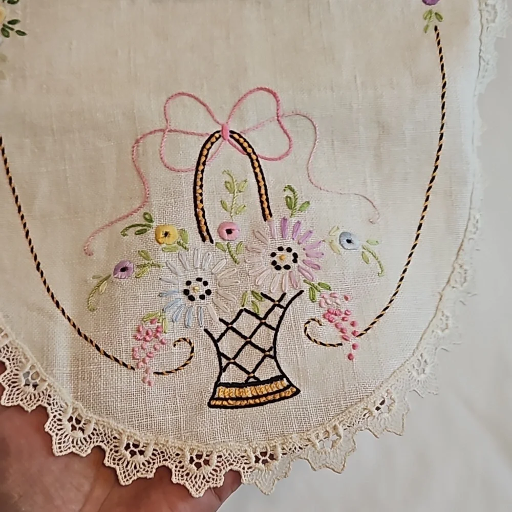Vintage Hand Stitched Needlepoint Doily Oval Floral